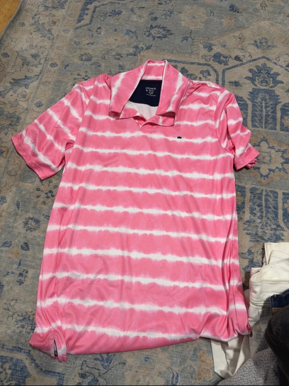 crown & ivy Pink and White Tie-Dye Short Sleeve Polo